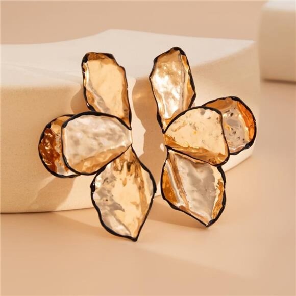 Big Statement Gold Flower Dangle Earrings – 14K Gold Plated Hammered Metal - Picture 5 of 6